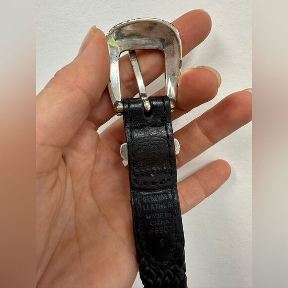 Vintage 90s Talbots Black Braided Leather Belt Silver Hardware Floral Engraved S - Picture 6 of 10